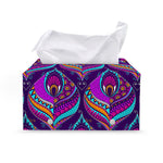 Purple Bohemian Peacock Feather Print Leather Tissue Box Cover