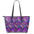 Purple Bohemian Peacock Feather Print Leather Tote Bag With Zipper