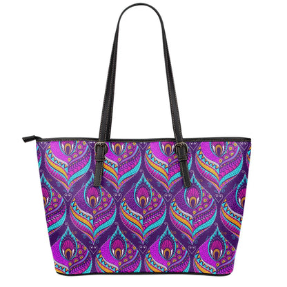 Purple Bohemian Peacock Feather Print Leather Tote Bag