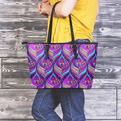 Purple Bohemian Peacock Feather Print Leather Tote Bag