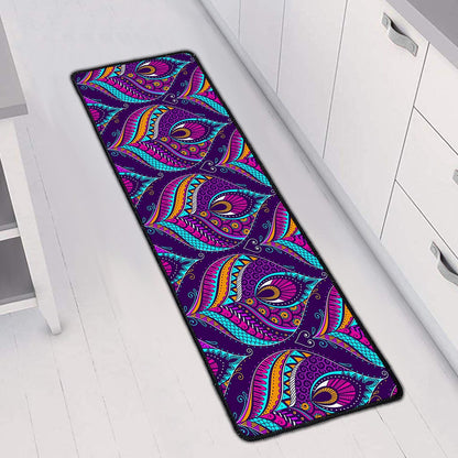 Purple Bohemian Peacock Feather Print Long Kitchen Mat