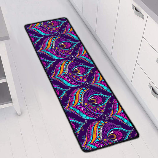 Purple Bohemian Peacock Feather Print Long Kitchen Mat