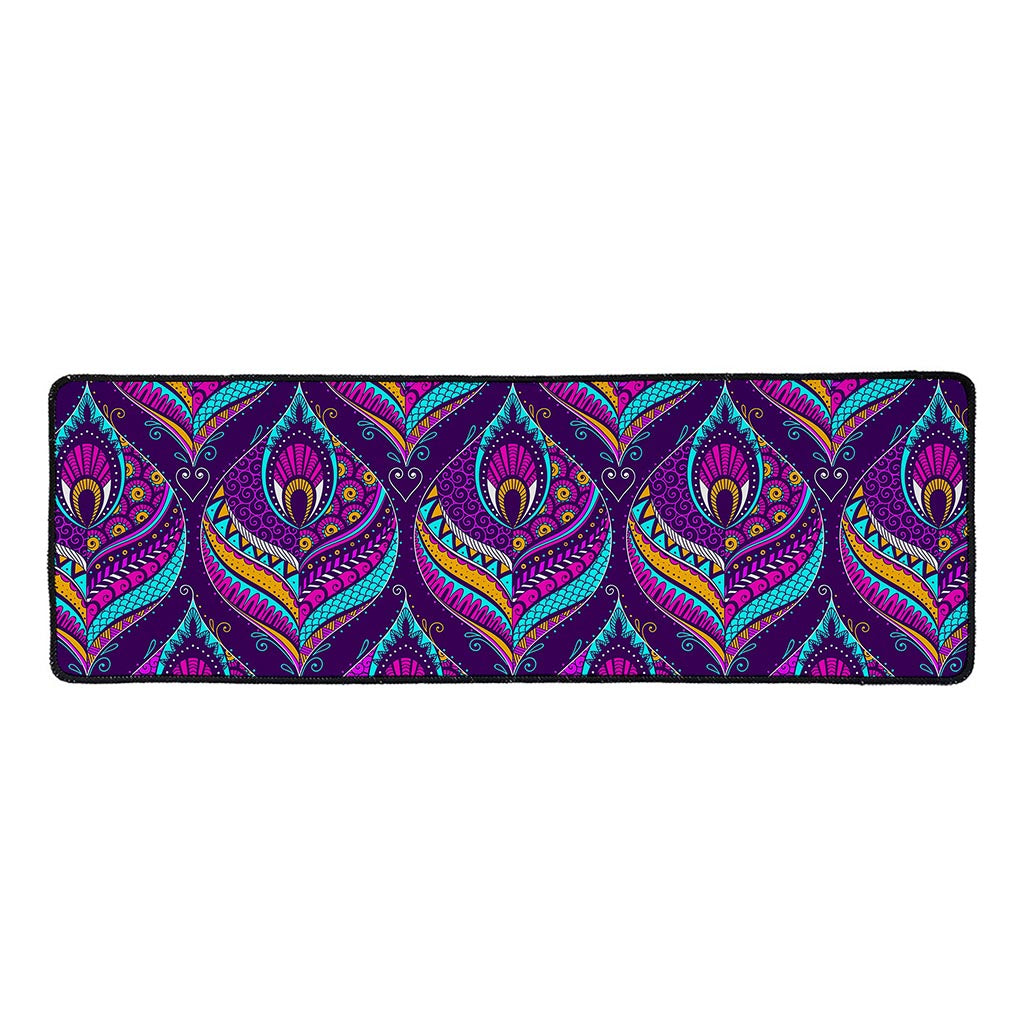 Purple Bohemian Peacock Feather Print Long Kitchen Mat