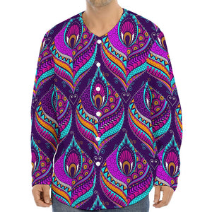 Purple Bohemian Peacock Feather Print Long Sleeve Baseball Jersey