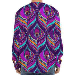 Purple Bohemian Peacock Feather Print Long Sleeve Baseball Jersey