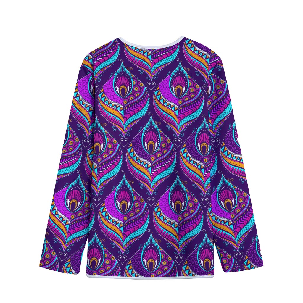 Purple Bohemian Peacock Feather Print Long Sleeve Short Coat