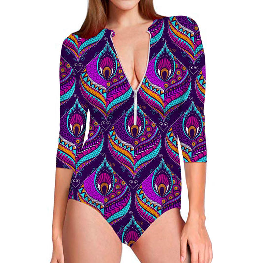 Purple Bohemian Peacock Feather Print Long Sleeve Swimsuit