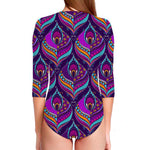 Purple Bohemian Peacock Feather Print Long Sleeve Swimsuit