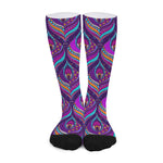 Purple Bohemian Peacock Feather Print Long Socks