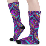 Purple Bohemian Peacock Feather Print Long Socks
