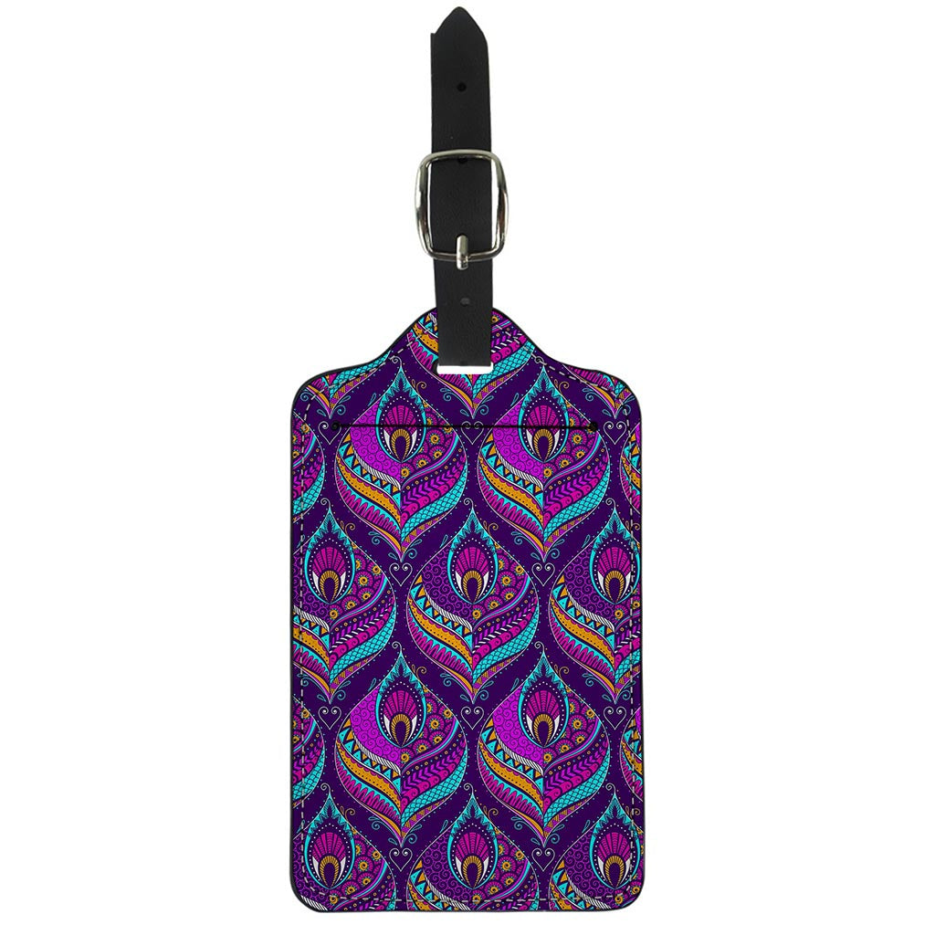 Purple Bohemian Peacock Feather Print Luggage Tag