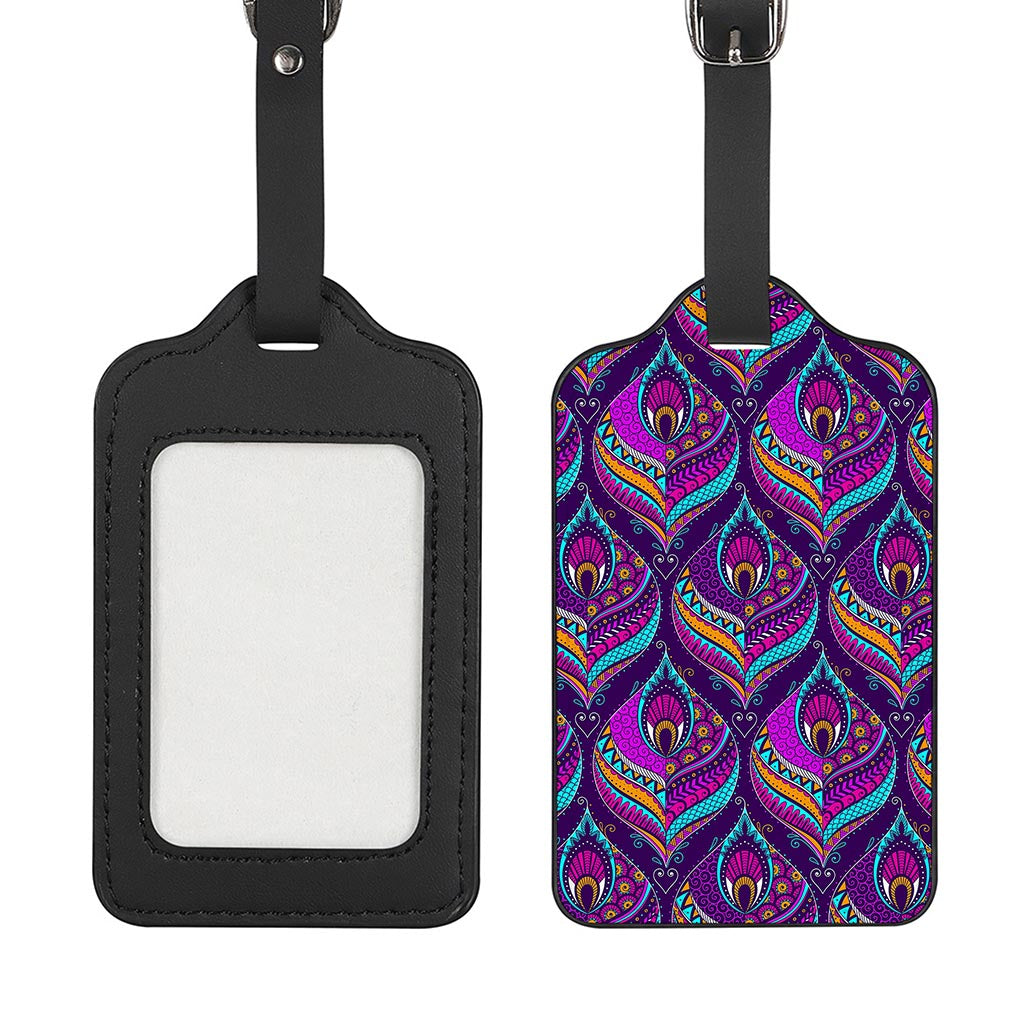 Purple Bohemian Peacock Feather Print Luggage Tag