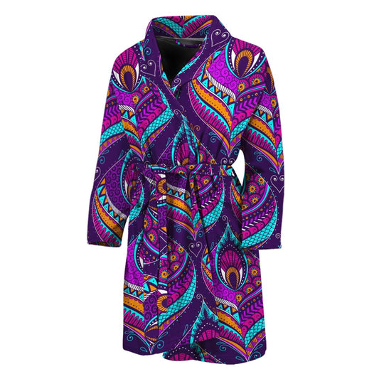 Purple Bohemian Peacock Feather Print Men's Bathrobe