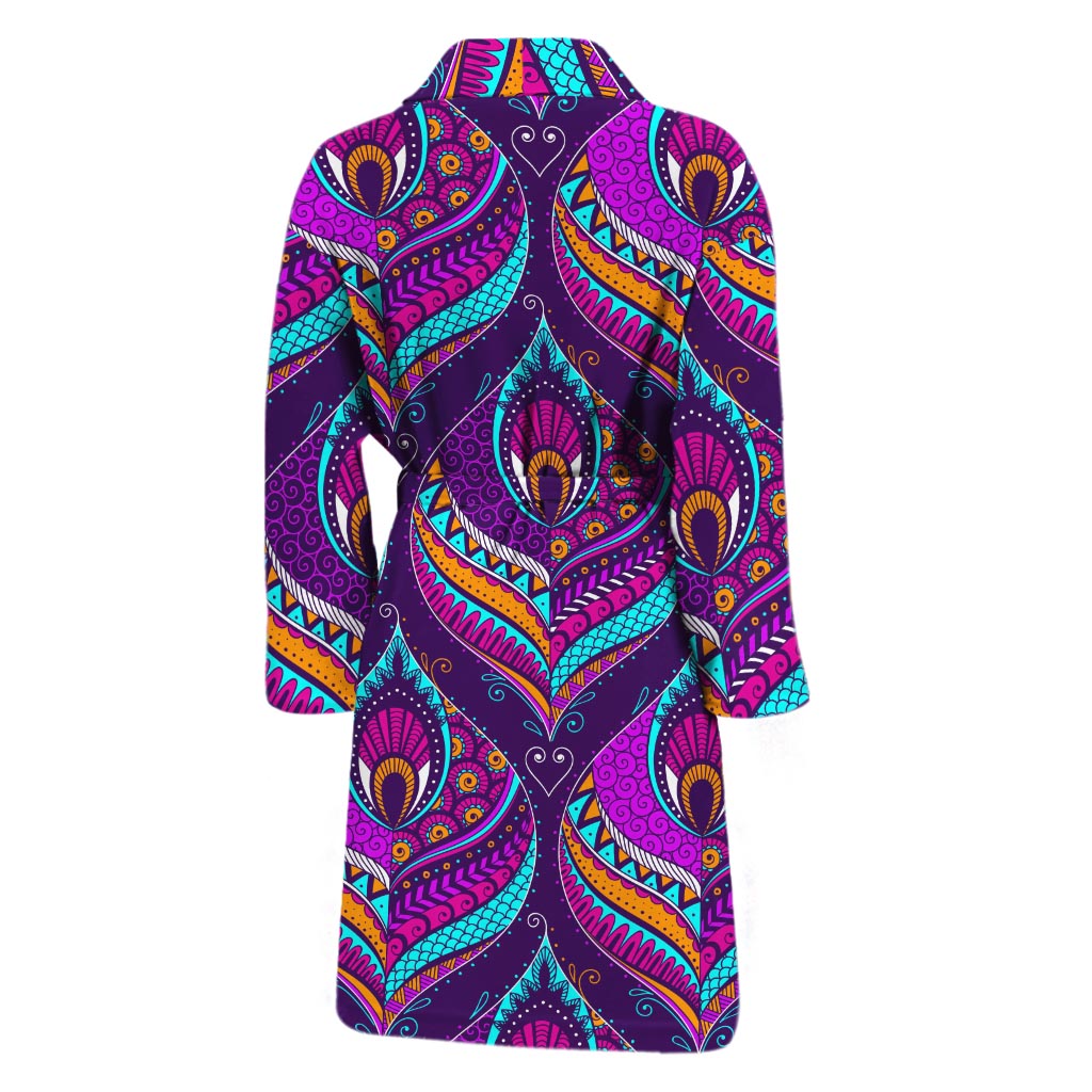 Purple Bohemian Peacock Feather Print Men's Bathrobe
