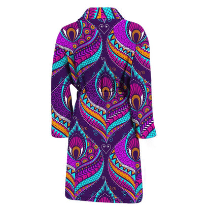 Purple Bohemian Peacock Feather Print Men's Bathrobe