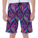 Purple Bohemian Peacock Feather Print Men's Beach Shorts