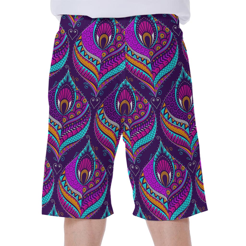 Purple Bohemian Peacock Feather Print Men's Beach Shorts
