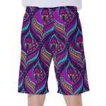 Purple Bohemian Peacock Feather Print Men's Beach Shorts