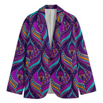 Purple Bohemian Peacock Feather Print Men's Blazer