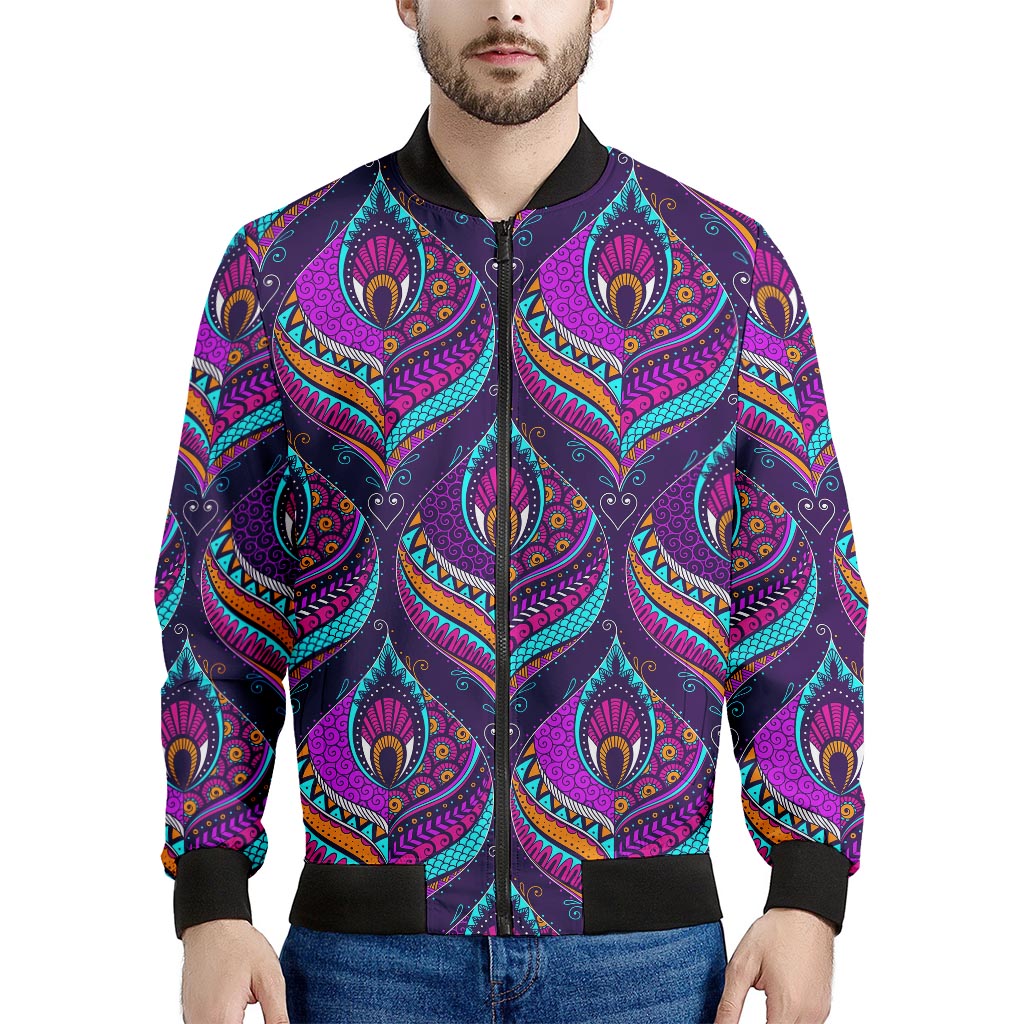 Purple Bohemian Peacock Feather Print Men's Bomber Jacket