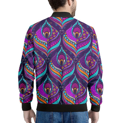Purple Bohemian Peacock Feather Print Men's Bomber Jacket