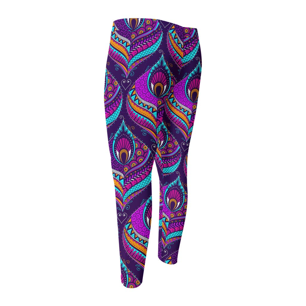 Purple Bohemian Peacock Feather Print Men's Compression Pants