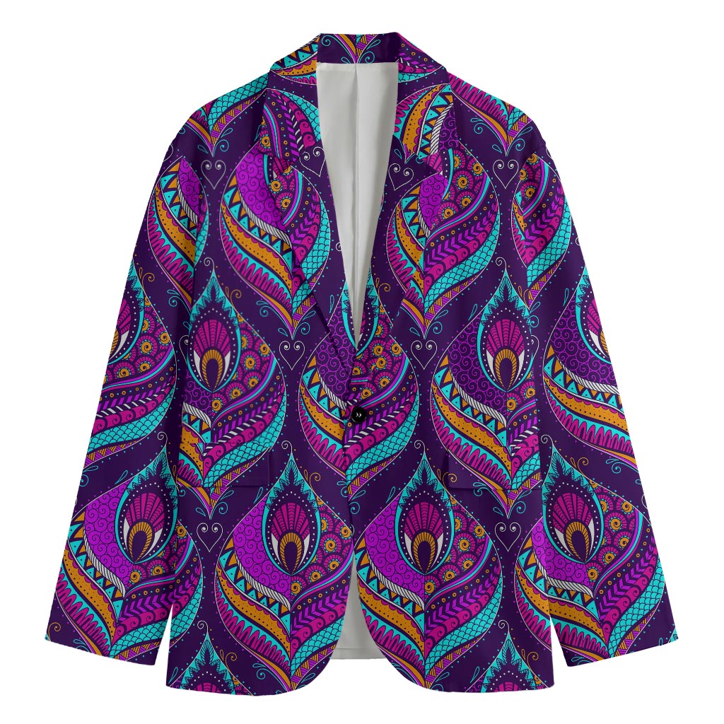 Purple Bohemian Peacock Feather Print Men's Cotton Blazer