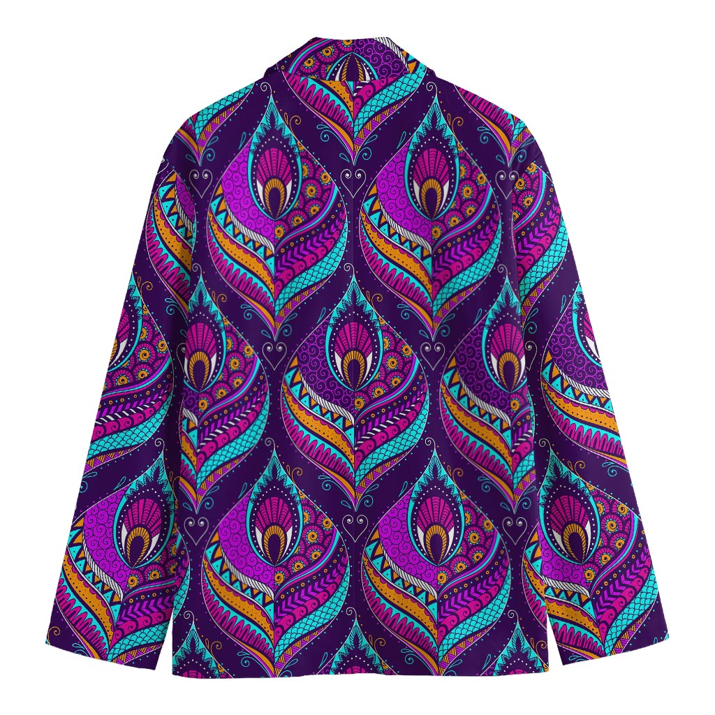 Purple Bohemian Peacock Feather Print Men's Cotton Blazer