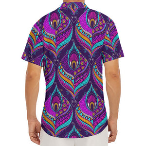 Purple Bohemian Peacock Feather Print Men's Deep V-Neck Shirt