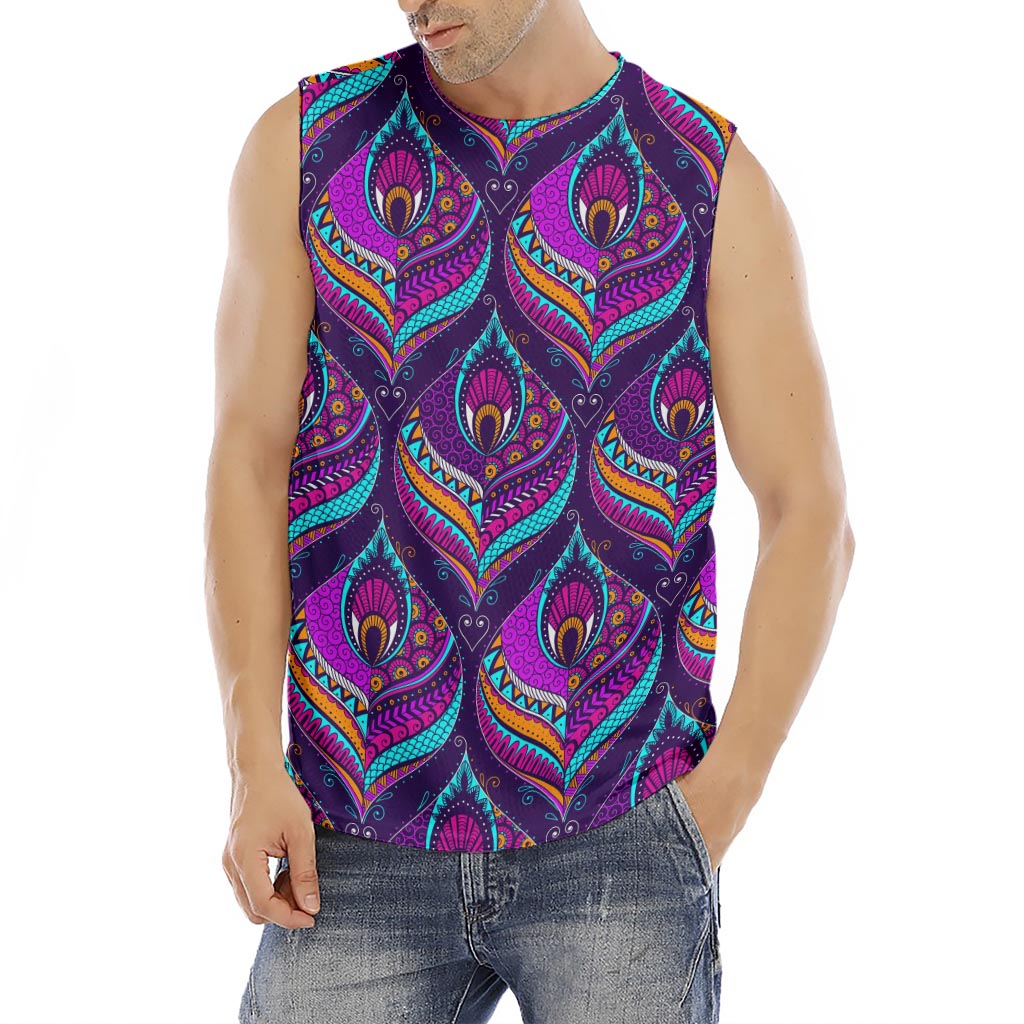 Purple Bohemian Peacock Feather Print Men's Fitness Tank Top