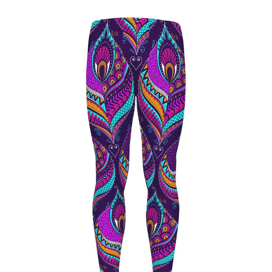 Purple Bohemian Peacock Feather Print Men's leggings