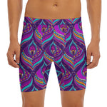 Purple Bohemian Peacock Feather Print Men's Long Boxer Briefs