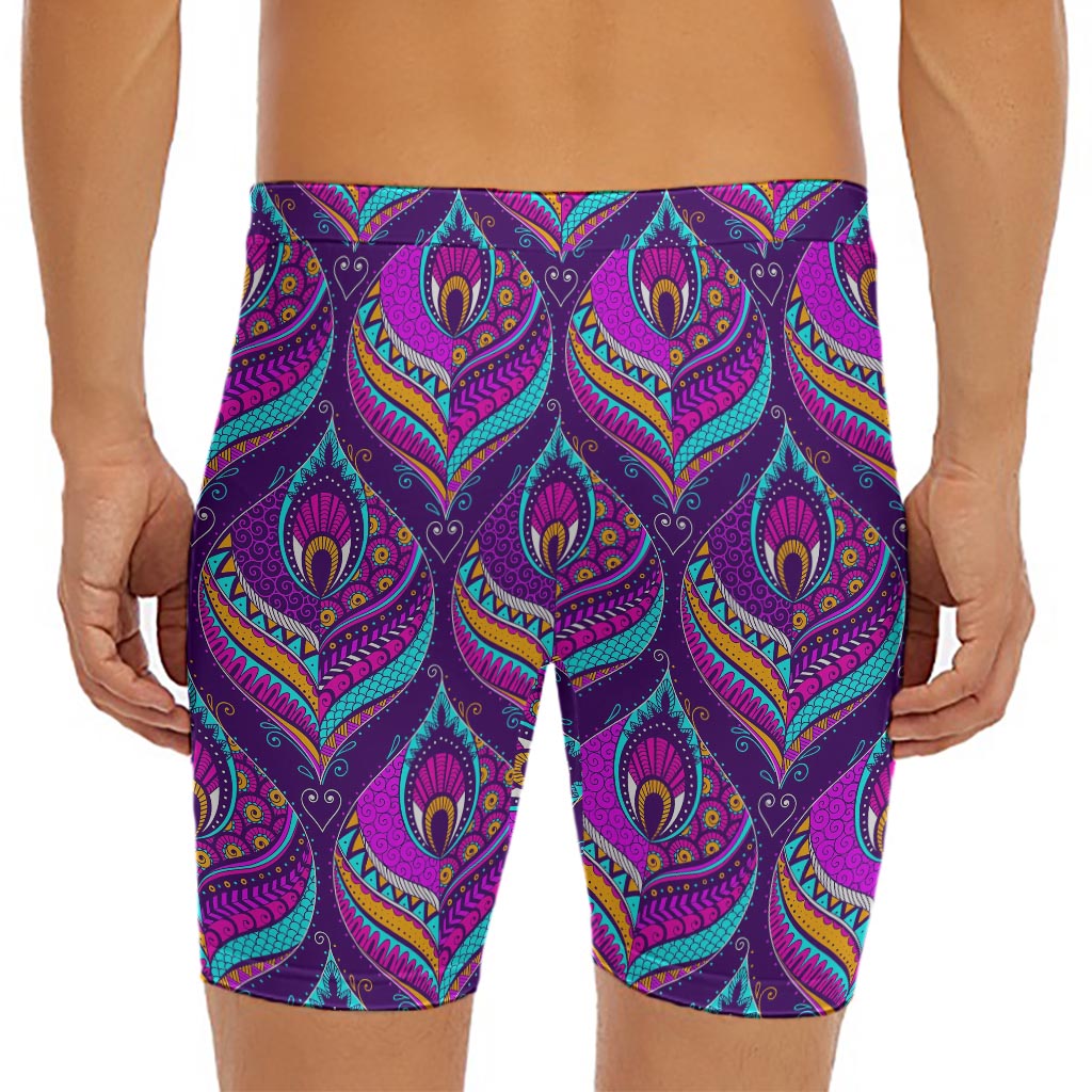 Purple Bohemian Peacock Feather Print Men's Long Boxer Briefs