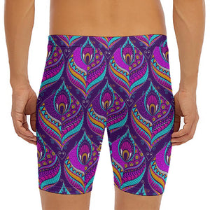 Purple Bohemian Peacock Feather Print Men's Long Boxer Briefs