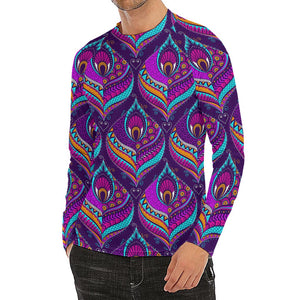 Purple Bohemian Peacock Feather Print Men's Long Sleeve Rash Guard