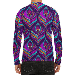 Purple Bohemian Peacock Feather Print Men's Long Sleeve Rash Guard