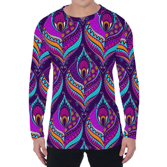 Purple Bohemian Peacock Feather Print Men's Long Sleeve T-Shirt