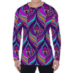 Purple Bohemian Peacock Feather Print Men's Long Sleeve T-Shirt