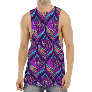 Purple Bohemian Peacock Feather Print Men's Muscle Tank Top