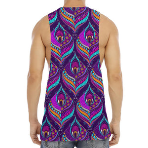 Purple Bohemian Peacock Feather Print Men's Muscle Tank Top