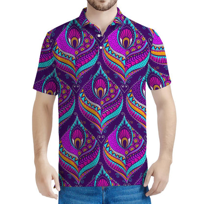 Purple Bohemian Peacock Feather Print Men's Polo Shirt