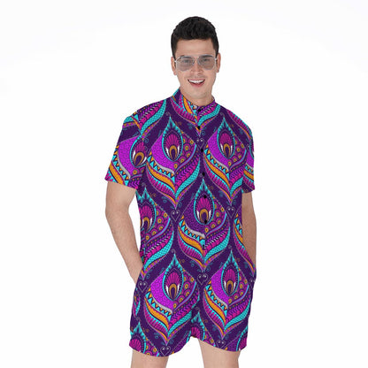 Purple Bohemian Peacock Feather Print Men's Rompers