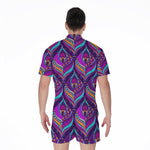 Purple Bohemian Peacock Feather Print Men's Rompers