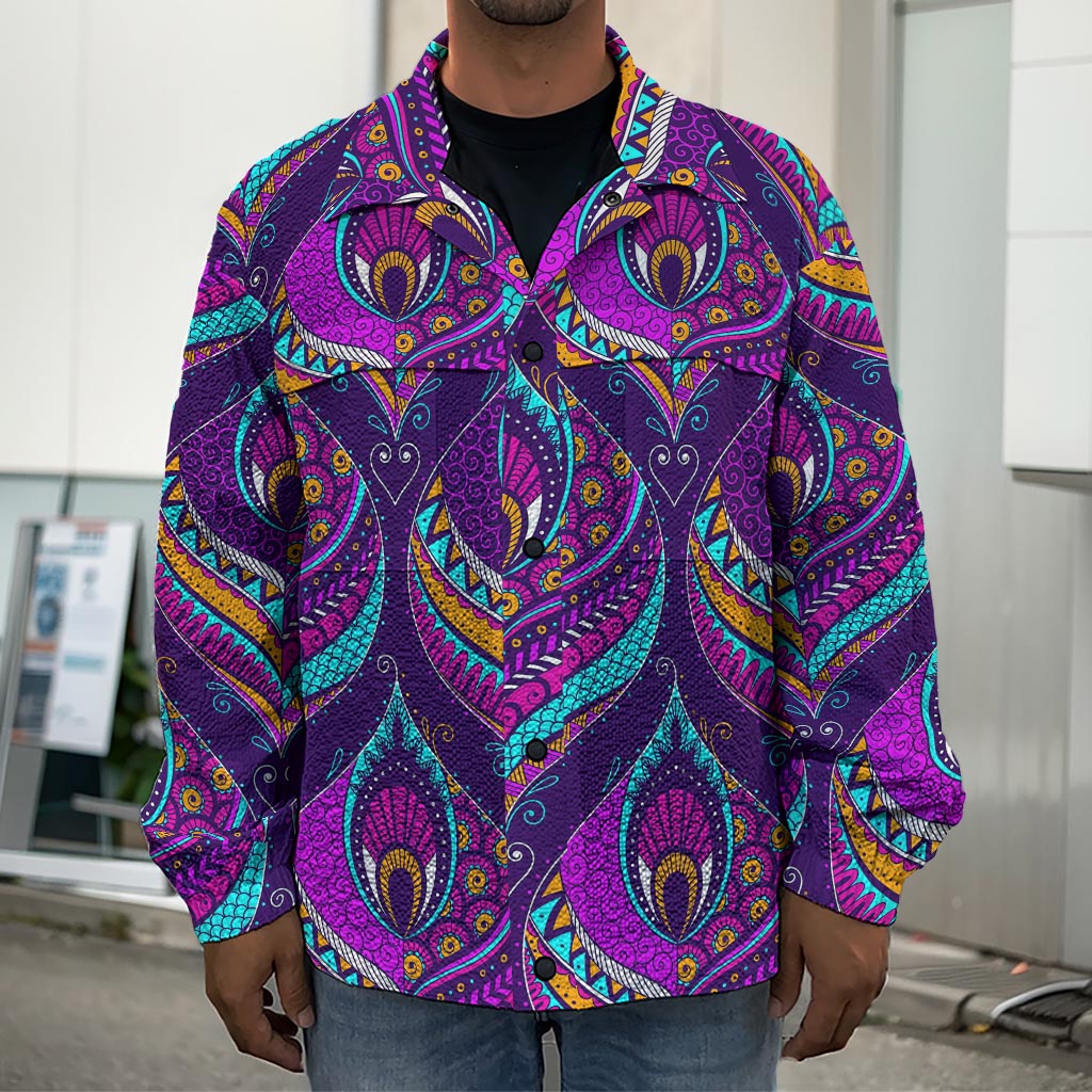 Purple Bohemian Peacock Feather Print Men's Shirt Jacket