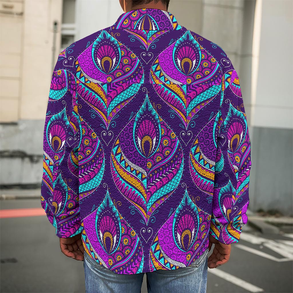 Purple Bohemian Peacock Feather Print Men's Shirt Jacket