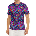 Purple Bohemian Peacock Feather Print Men's Short Sleeve Rash Guard