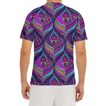 Purple Bohemian Peacock Feather Print Men's Short Sleeve Rash Guard