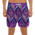 Purple Bohemian Peacock Feather Print Men's Split Running Shorts