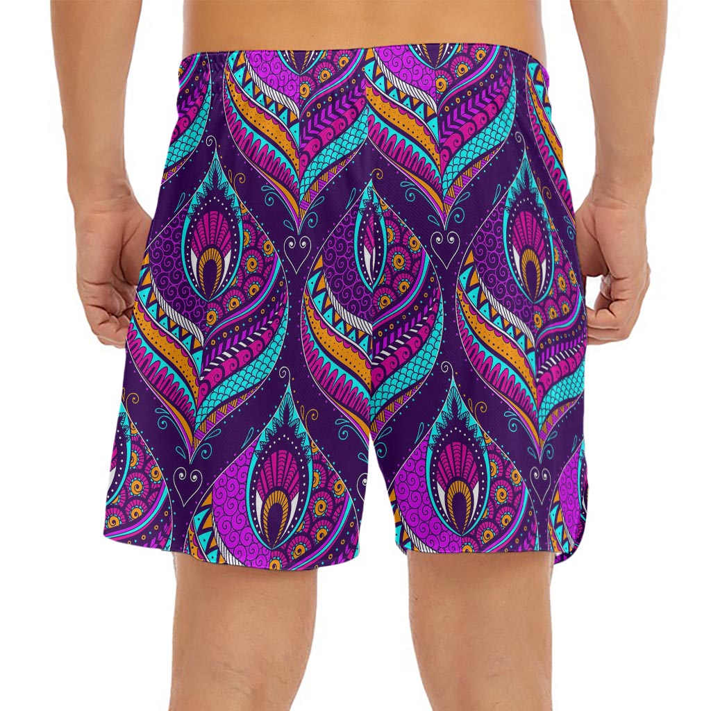 Purple Bohemian Peacock Feather Print Men's Split Running Shorts