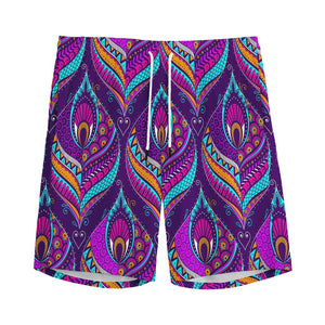 Purple Bohemian Peacock Feather Print Men's Sports Shorts